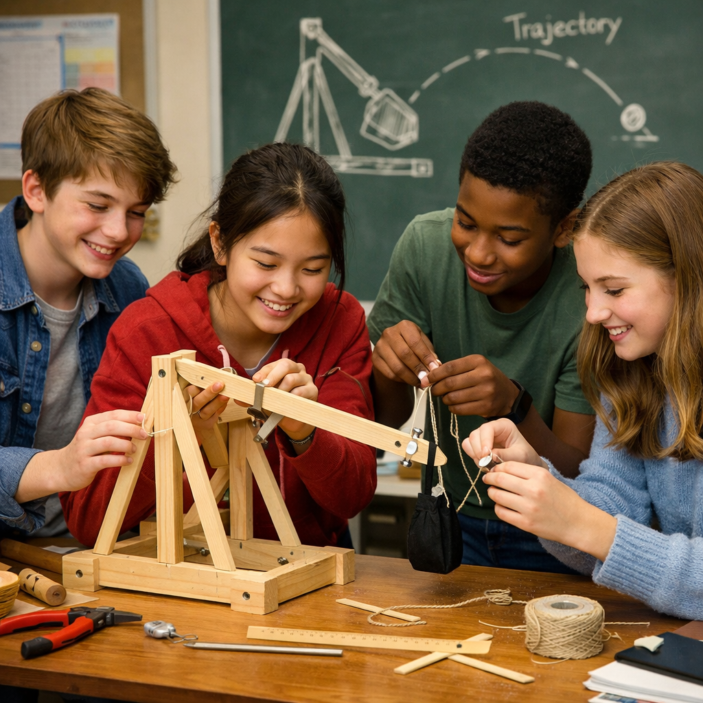 Four students working together on a wooden trebuchet model in a classroom