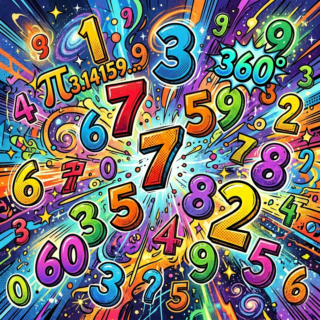 Bright colorful numbers exploding outward with dynamic cosmic background